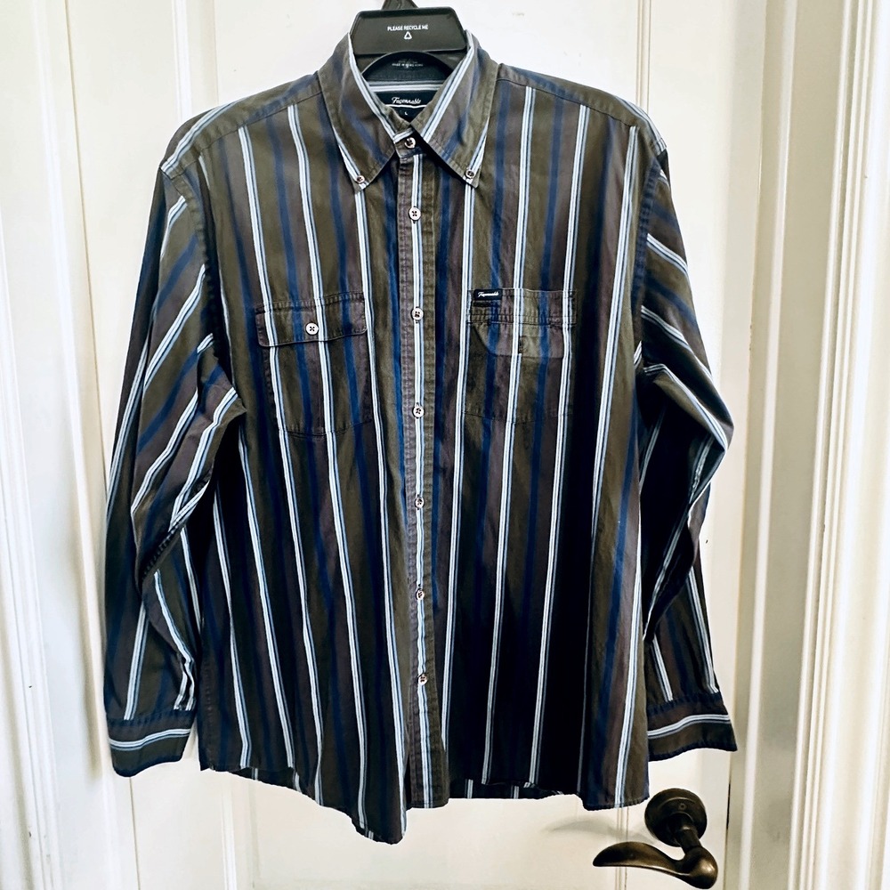 Faconnable Men's Brown Striped Button Down Long Sleeve Shirt Size L Casual - Picture 2 of 8